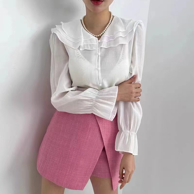 Korean spring and summer French gentle three-layer lotus leaf doll collar Tencel chiffon long-sleeved shirt for women