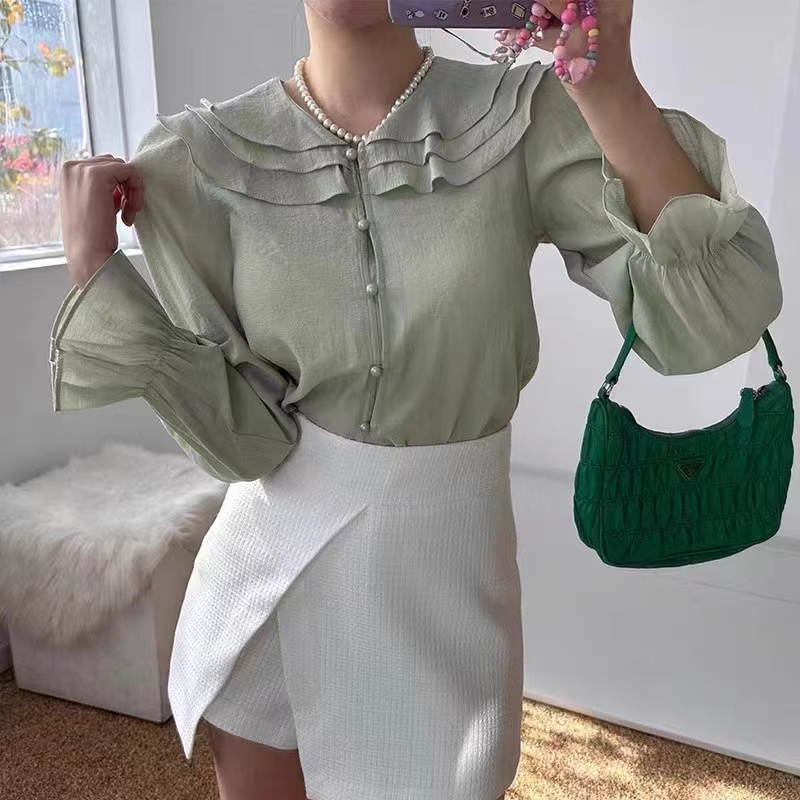 Korean spring and summer French gentle three-layer lotus leaf doll collar Tencel chiffon long-sleeved shirt for women