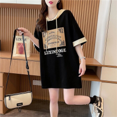 批发纯棉抖音质量/环定纺纯棉/后包领/<b class='q'>中长款</b>连帽拼接短袖<b class='q'>T</b><b class='q'>恤</b>女