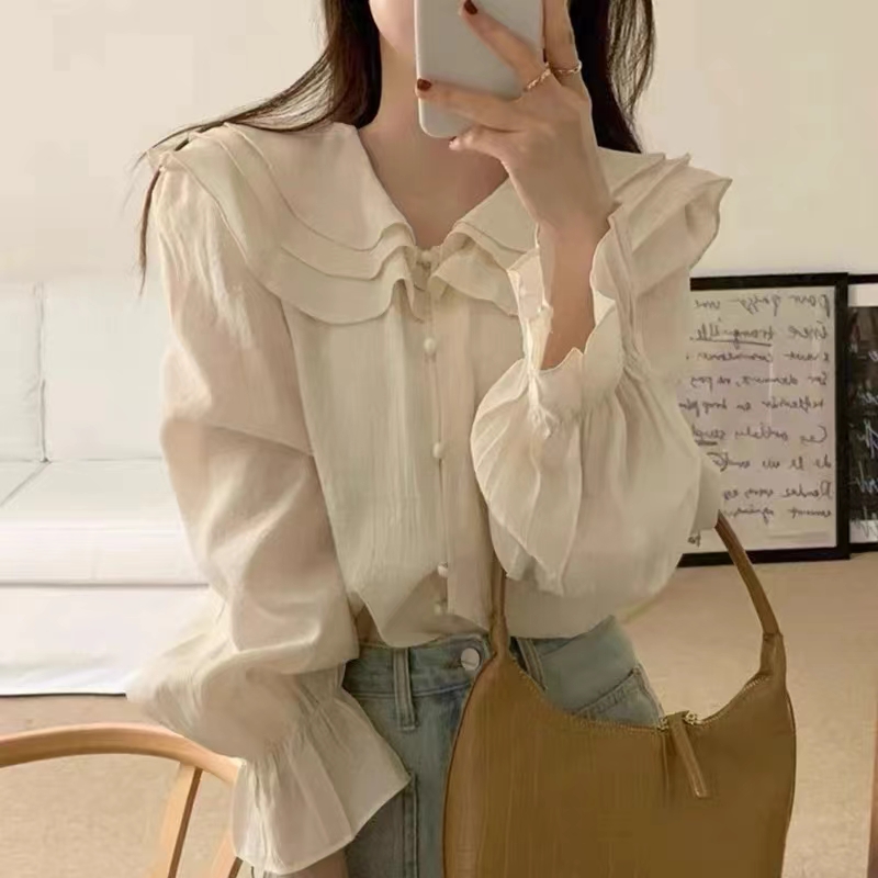 Korean spring and summer French gentle three-layer lotus leaf doll collar Tencel chiffon long-sleeved shirt for women