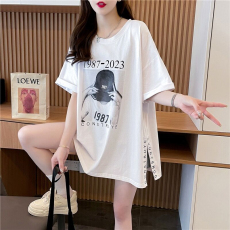 批发纯棉抖音质量/环定纺纯棉/后包领/<b class='q'>中长款</b>开抽拼接短袖<b class='q'>T</b><b class='q'>恤</b>女