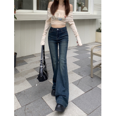 批发实拍 辣妹复古水洗蓝色牛仔裤女新款<b class='q'>春</b>款微喇叭马蹄拖地长裤子