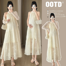 批发实拍现现 2026春夏<b class='q'>新款</b>纹理感蕾丝挂脖连衣裙+开衫两件套<b class='q'>孕妇装</b>