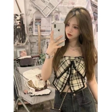 批发蝴蝶结格子外穿抹胸上衣女外穿背心夏季新款性感辣妹裹胸内搭上衣