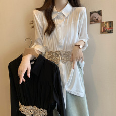 批发实拍大码女装春装新款时尚收腰显瘦遮肚百搭衬衣设计感遮肚衬衫