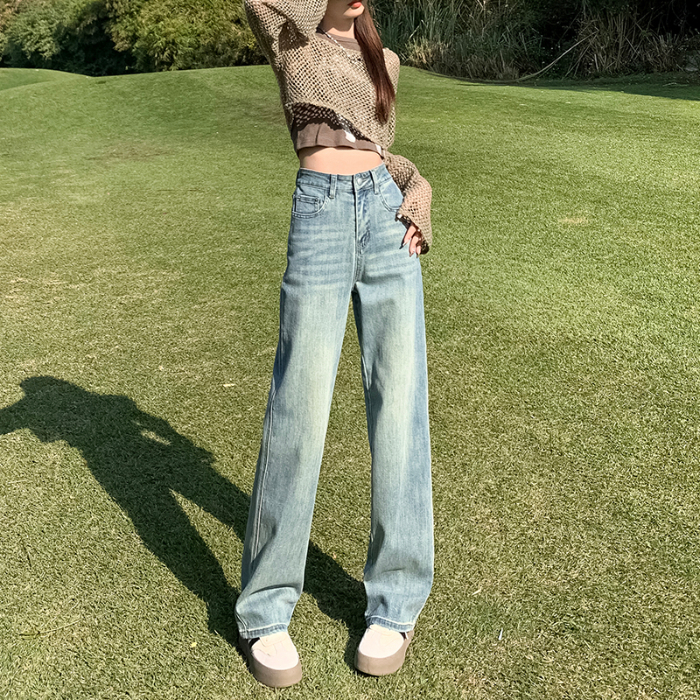 Actual shot of stretchy loose wide-leg pants Persian blue comfortable wide straight pants spring style versatile soft jeans