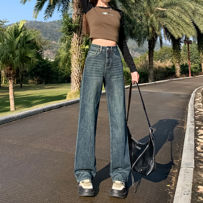 Actual shot of stretchy loose wide-leg pants Persian blue comfortable wide straight pants spring style versatile soft jeans