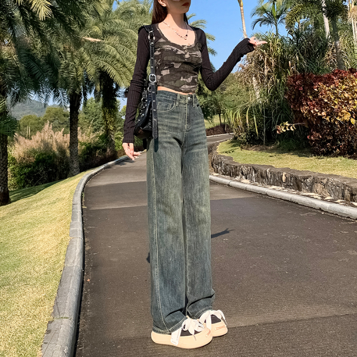 Actual shot of stretchy loose wide-leg pants Persian blue comfortable wide straight pants spring style versatile soft jeans