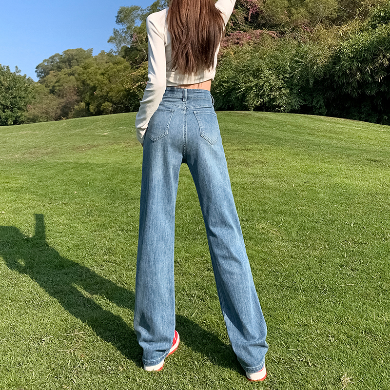 Actual shot of stretchy loose wide-leg pants Persian blue comfortable wide straight pants spring style versatile soft jeans