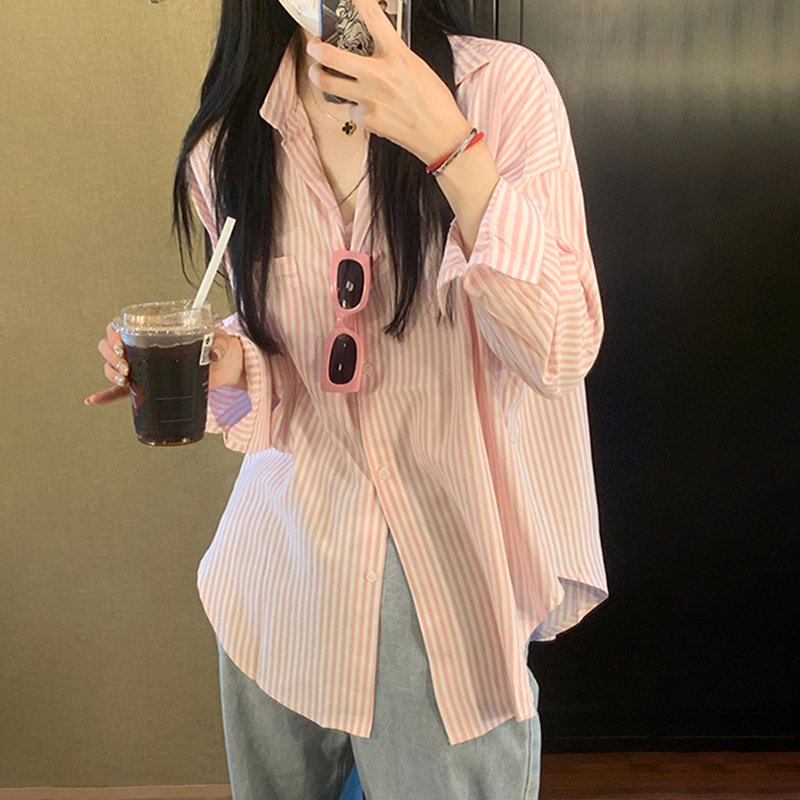 PF20184#粉色条纹衬衫外套女春秋宽松蓝色衬衣开衫外穿设计感小众上衣夏女裝貨源服裝批發