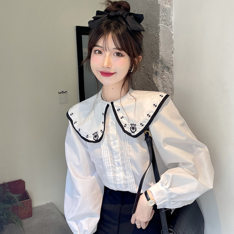 高品質春秋季溫柔風娃娃領襯衫女設計感小眾法式甜美疊