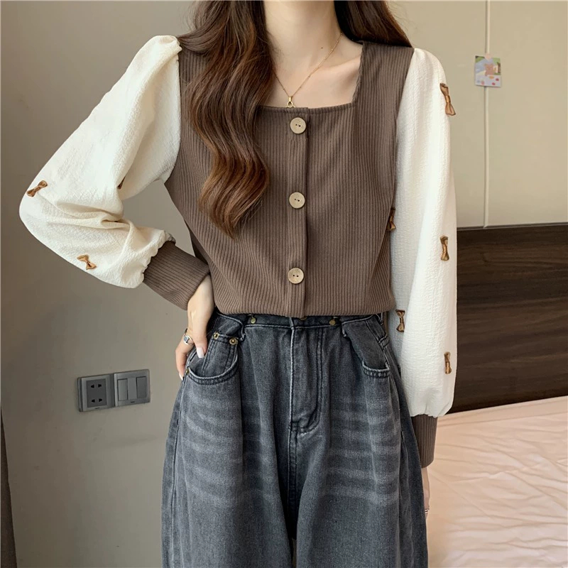 High-quality French gentle style square collar bow long-sleeved shirt for women in autumn, unique and chic fake