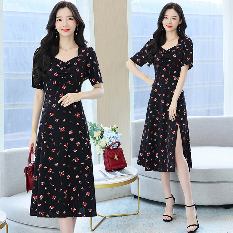 RY51# 实拍大码女装连衣裙2026新款夏装微胖mm遮肚显瘦V领开叉碎花a字裙