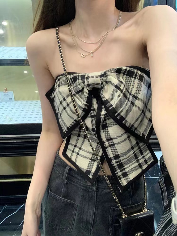 韓版胸前大蝴蝶結設計抹胸復古格子吊帶女士外穿短款裹胸上衣夏季