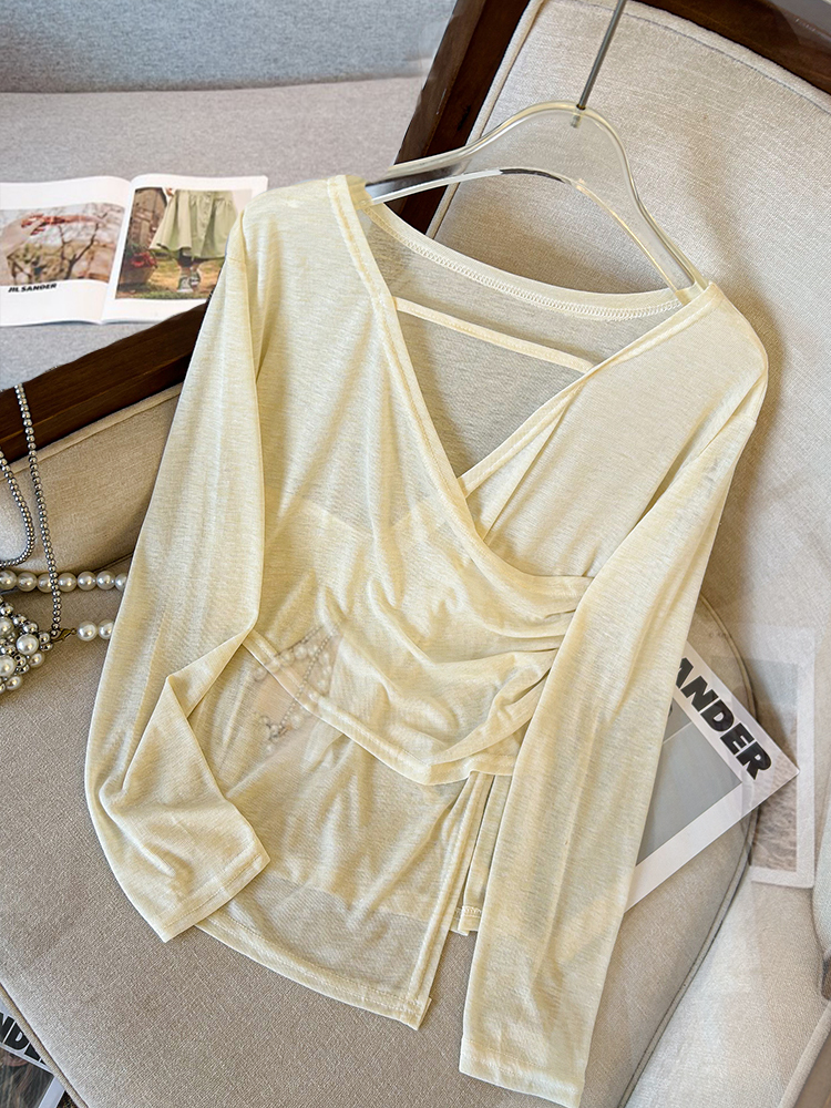 V-neck irregular cross T-shirt women's summer new design niche slim long-sleeved chic sun protection top