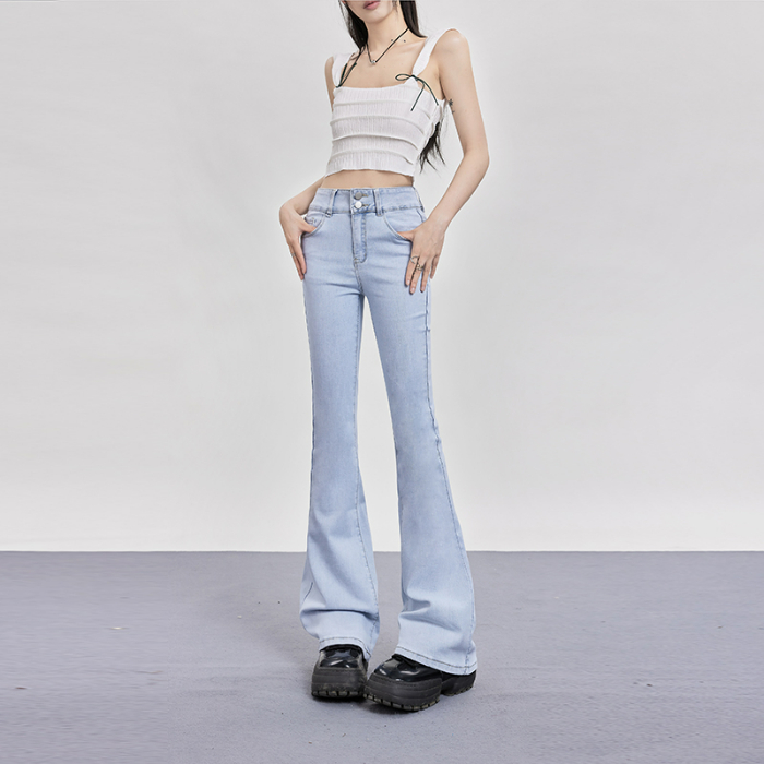 Real shot spring hot girl low-waisted bell-bottomed floor-length pants slimming slim jeans for women