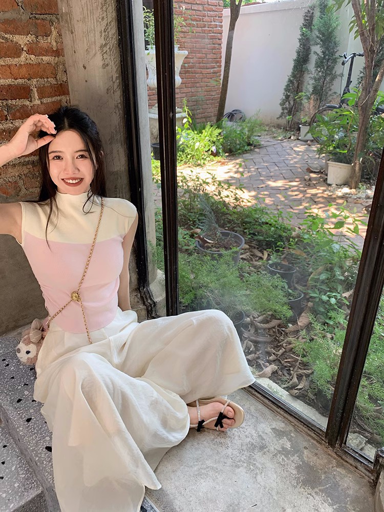 法式小高領辣妹奶甜撞色針織短袖T恤女褶皺收腰顯瘦修身短上衣夏