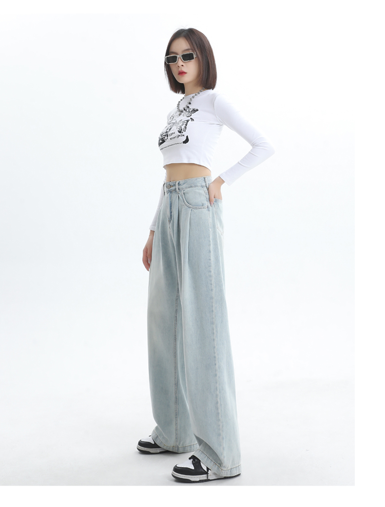 Actual shot of 2024 wide-leg pants for women, high-waisted, loose, slimming, pleated design, straight-leg floor-length pants