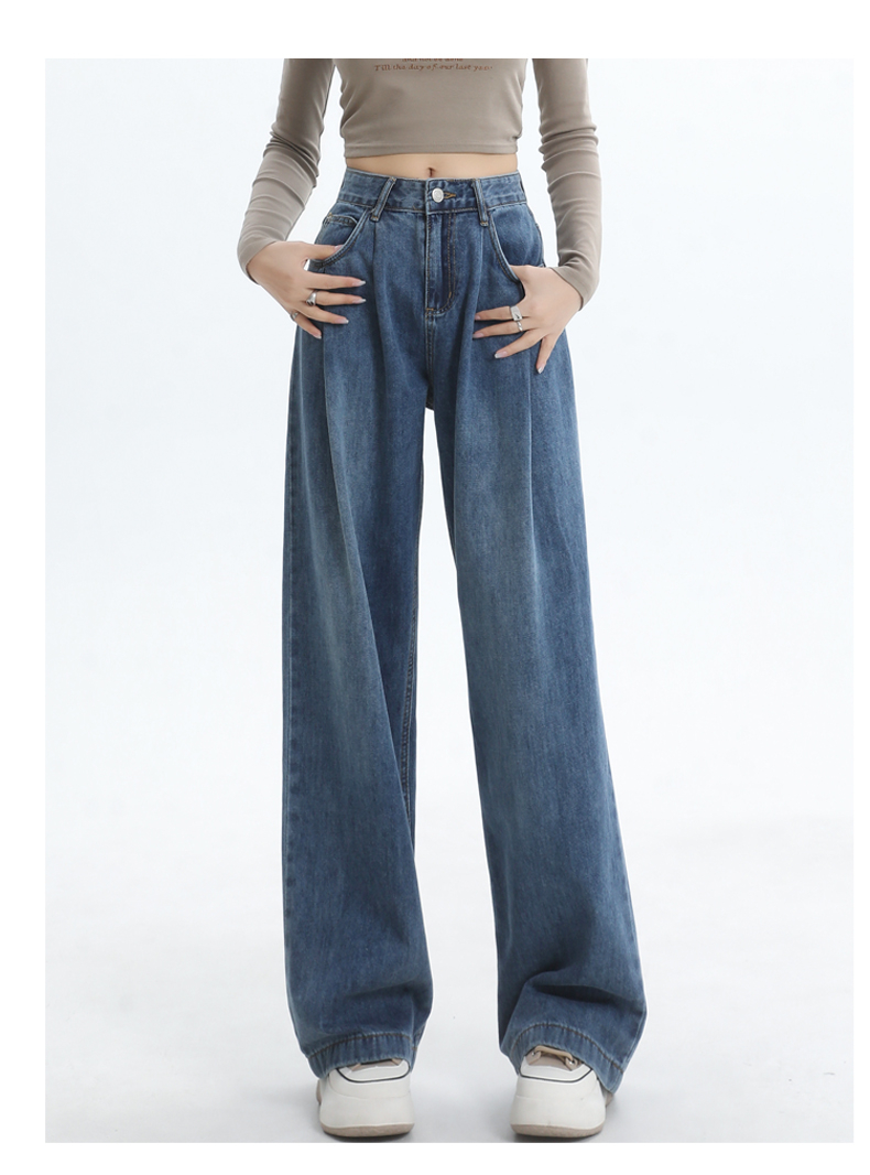 Actual shot of 2024 wide-leg pants for women, high-waisted, loose, slimming, pleated design, straight-leg floor-length pants