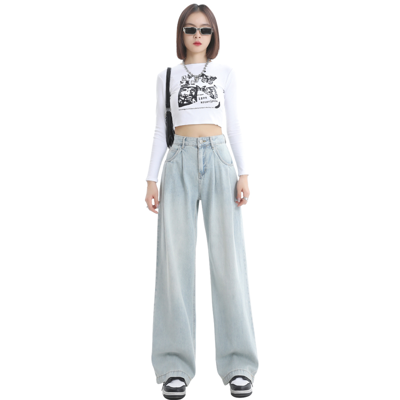 Actual shot of 2024 wide-leg pants for women, high-waisted, loose, slimming, pleated design, straight-leg floor-length pants