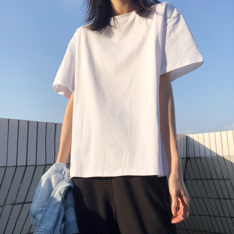 100%純棉 2024年春夏新款寬鬆純棉圓領純色短袖t恤女簡約打底衫