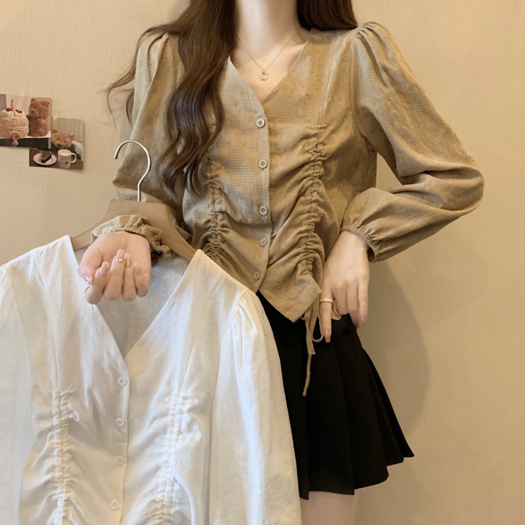 실사 빅 사이즈 느긋한 레트로 긴팔 V 넥 셔츠 디자인 센스 작은 대중 봄 드레스 새로운 셔츠 재킷 맨위