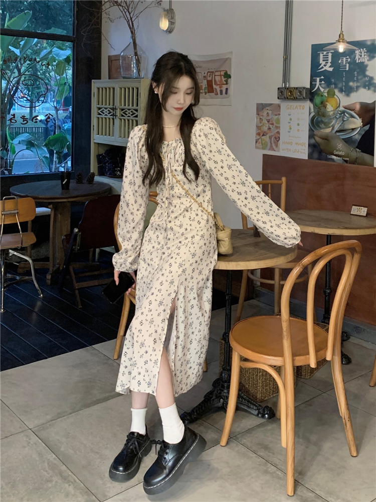 Real shot!  French gentle style square neck tie floral dress women's waist mid-length elegant skirt