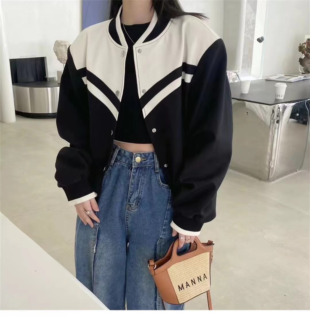 Contrast color baseball uniform for women European station 2024 spring new Korean style versatile slim stand-up collar small casual short jacket