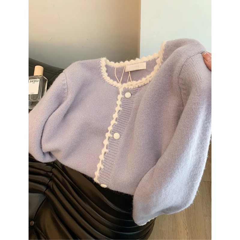 2024 Spring New Style Recommendation ~ Fufu Taro Purple Sweater Cardigan Women’s Autumn and Winter Soft Waxy Knitted Top