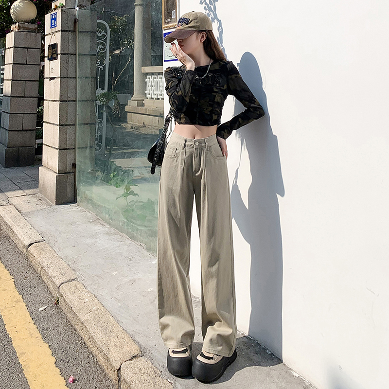 Actual shot of 2024 spring high-waist slim straight pleated wide-leg pants floor-length trousers