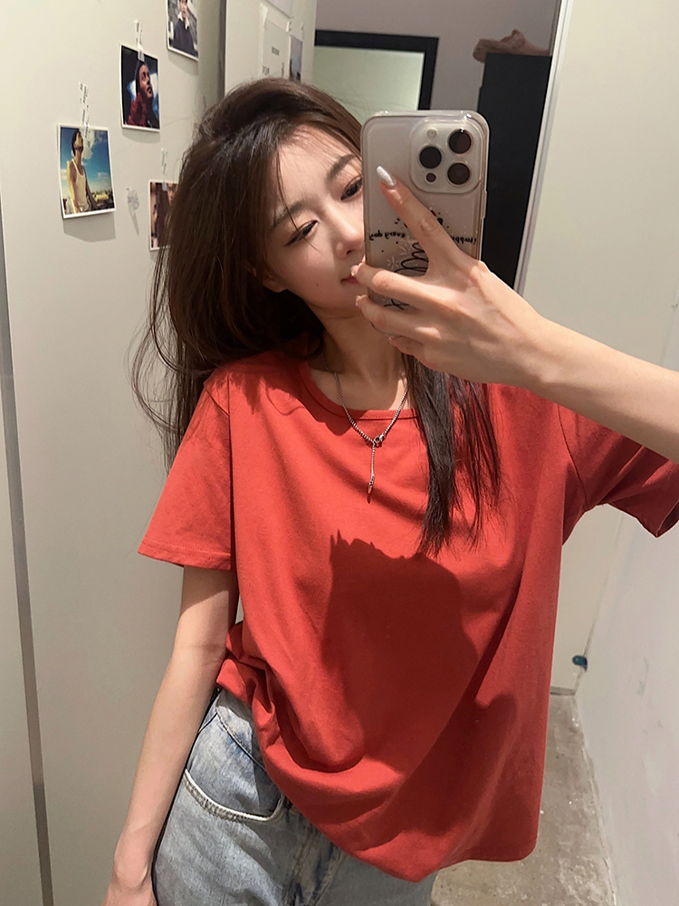 實拍~韓系基礎款純色純棉短袖T恤女方領短上衣
