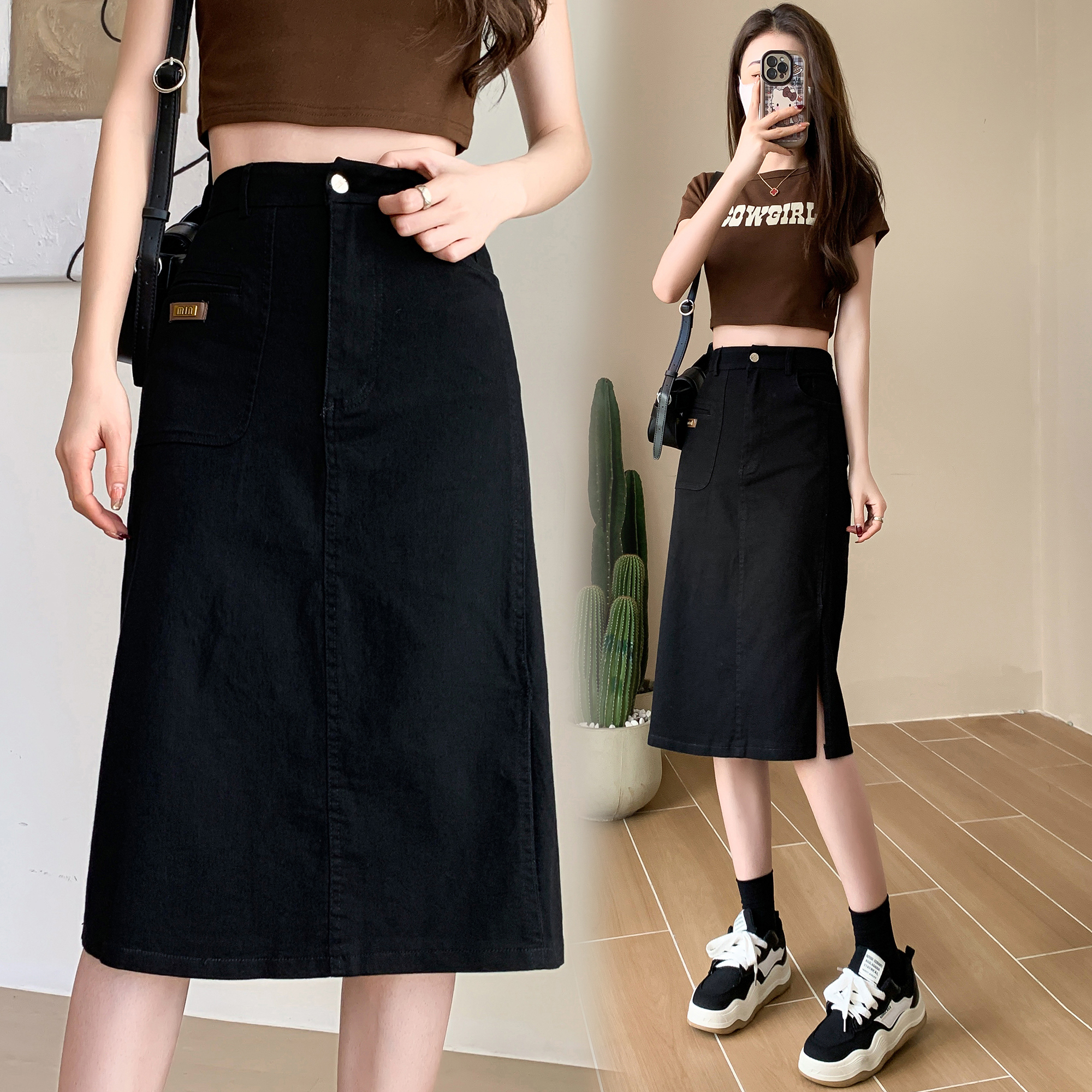 Real shot of summer large size loose stretch denim skirt for fat girls, slimming mid-length A-line skirt