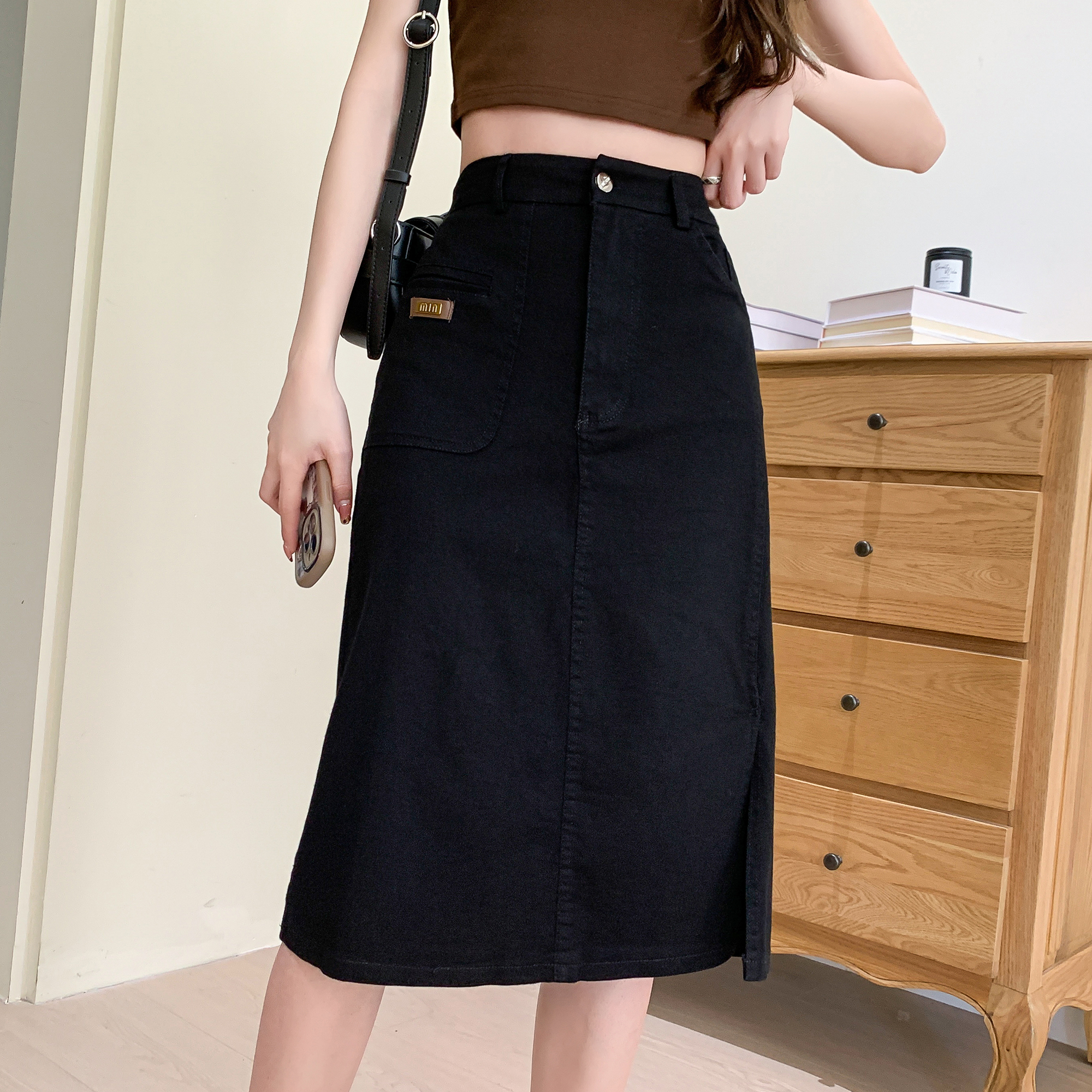 Real shot of summer large size loose stretch denim skirt for fat girls, slimming mid-length A-line skirt