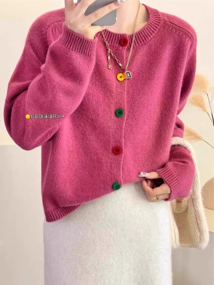 Rose red knitted cardigan for women in early spring new imitation raccoon velvet gentle style sweater jacket plum color top