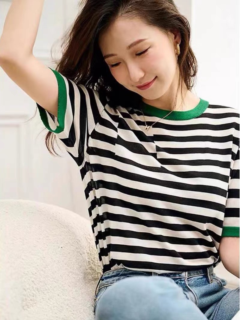 歐貨休閒撞色條紋圓領套頭T恤女洋氣減齡寬鬆顯瘦薄款冰絲針織衫