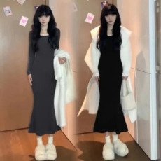 批发<b class='q'>欧美</b>辣妹纯欲风性感方领紧身显瘦长袖打底包臀鱼尾<b class='q'>连衣裙</b>长裙子
