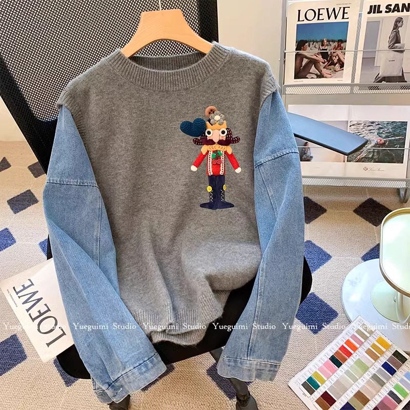 Denim splicing round neck sweatshirt for women in autumn and winter thickened design fake two-piece gray doll pullover top Hong Kong style