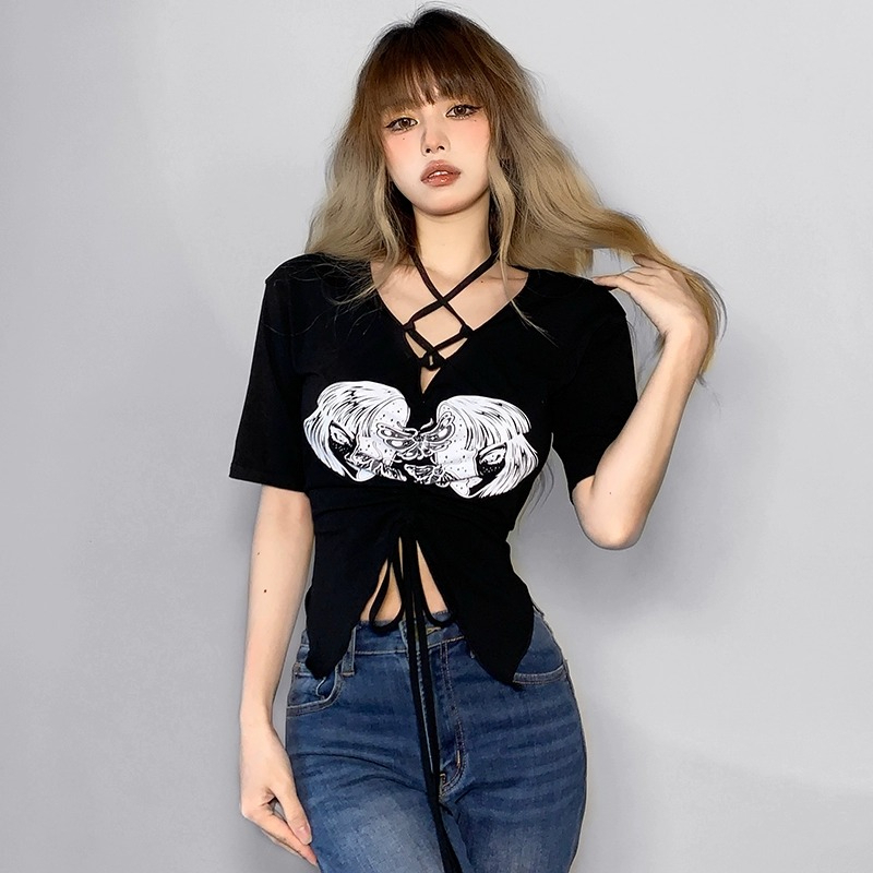 Street creative printed cross strap V-neck T-shirt women's slim waist irregular crop top