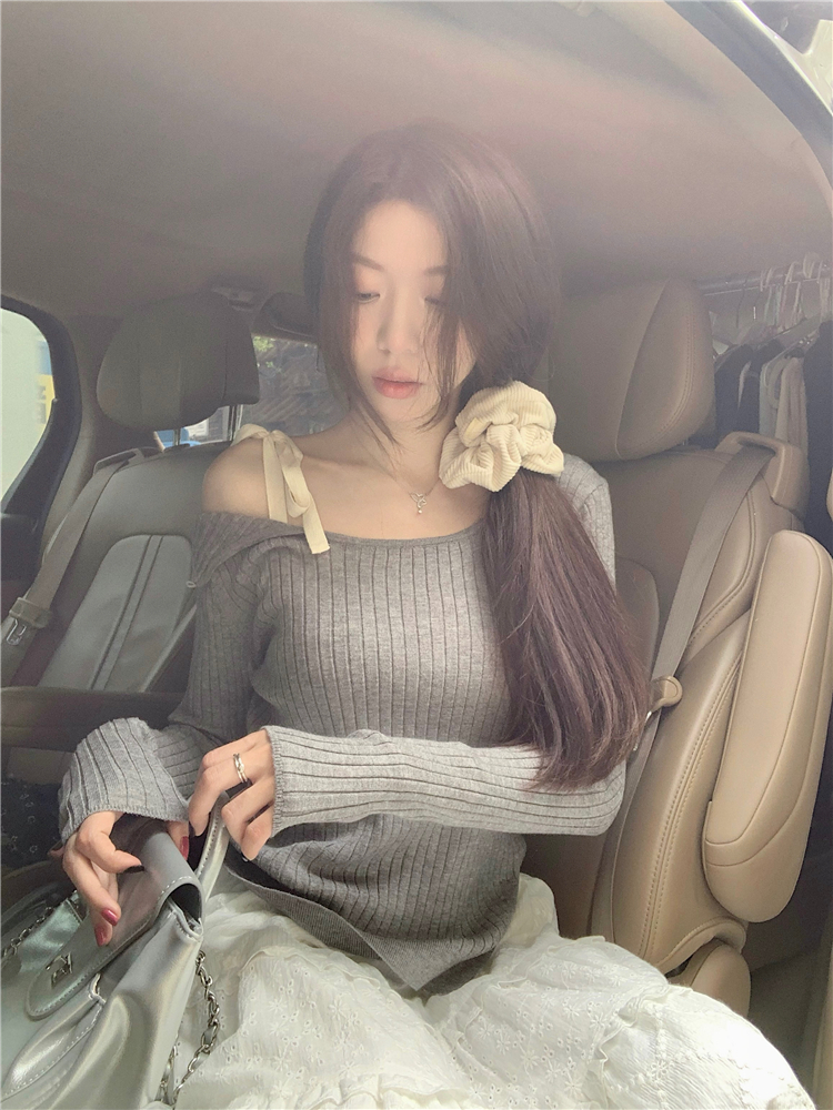 實拍~露肩側開叉不對稱綁帶針織衫女顯瘦毛衣