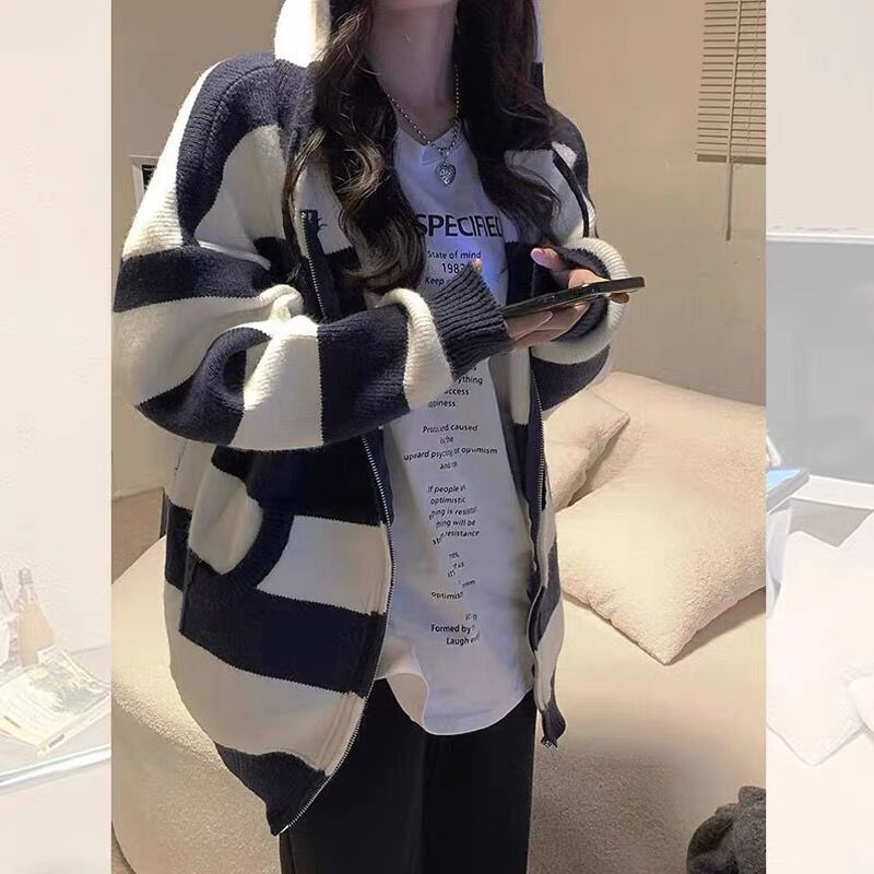 Cardigan hooded sweatshirt women's new autumn loose American hiphop mid-length striped sweater jacket