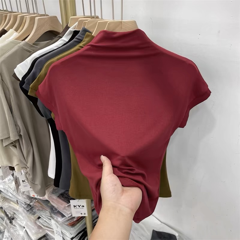 Temperament half turtleneck soft half-sleeved T-shirt for women 2024 early autumn new slim fit versatile skin-friendly bottoming shirt top ins