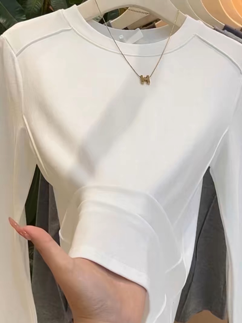 Autumn and winter new fishbone line slimming long-sleeved bottoming shirt with niche design and versatile round neck top for women