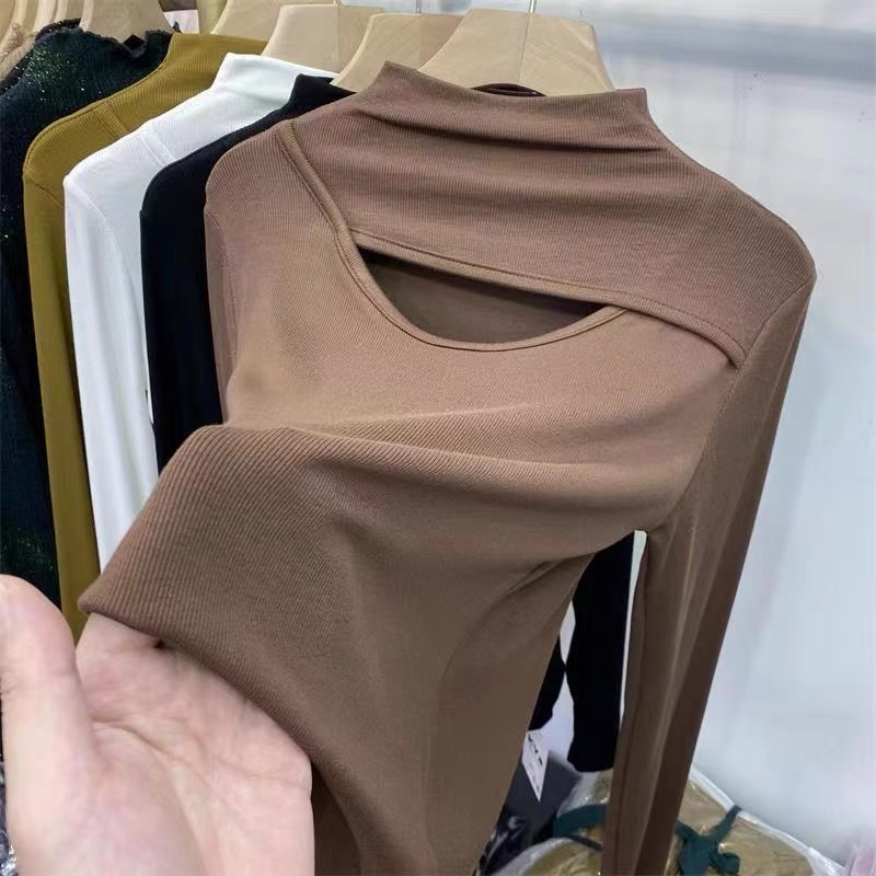 2024 Spring and Autumn Design-minded inner-wear and outer-wear hollow half-high collar long-sleeved bottoming shirt for women slim-fitting and stylish tops