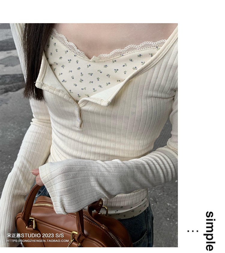 Song Zhengen's small floral fake two-piece slim-fitting bottoming shirt for women in spring bm style with pure desire knitted sweater long-sleeved top