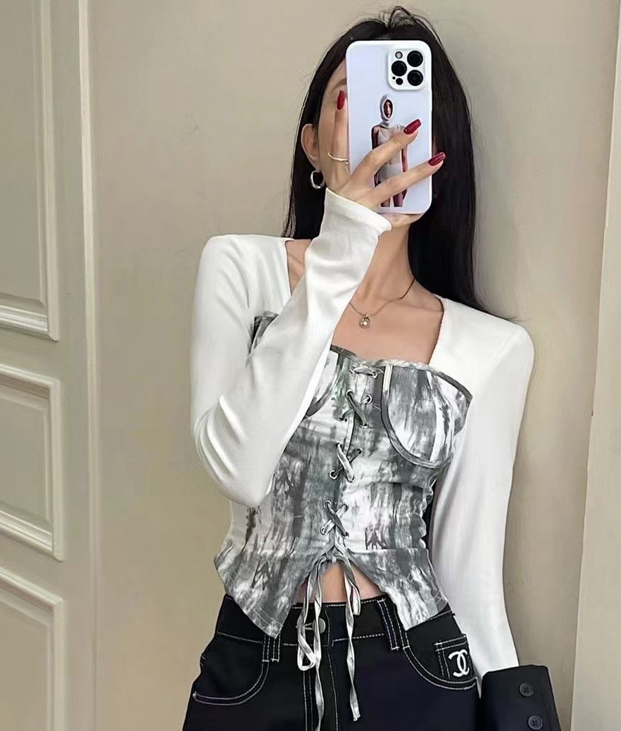 T-shirt women's American retro tie-dye printed square neck long-sleeved bottoming shirt spring new strappy waist short top