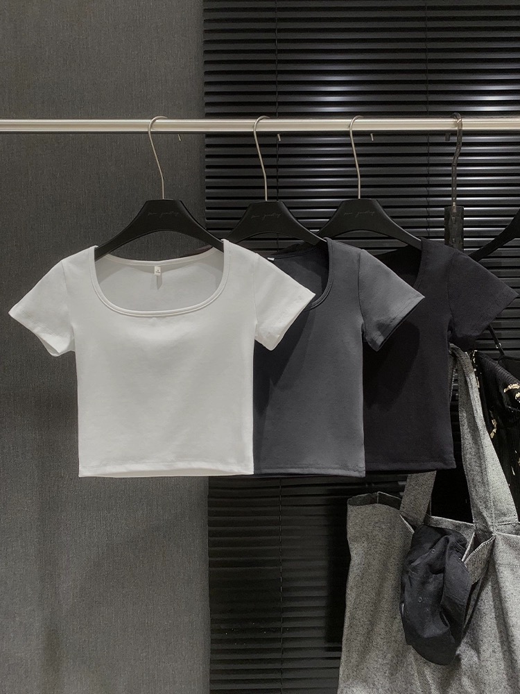 European solid color U-neck short-sleeved T-shirt for women high-waisted short design slim fit 2024 summer new basic top