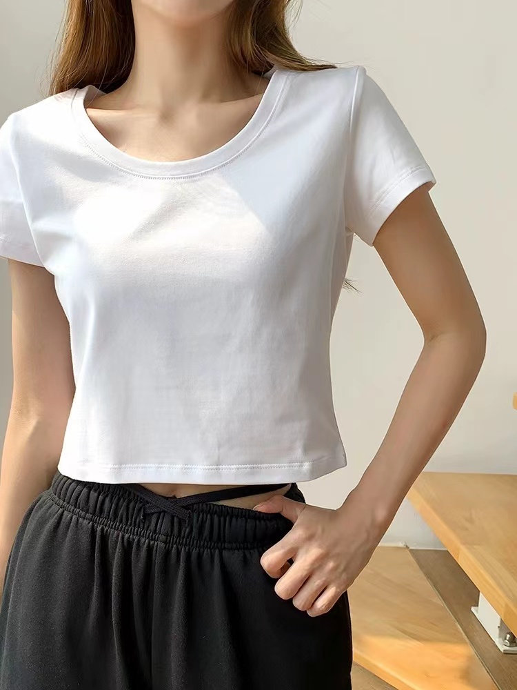 Pure cotton white short-sleeved T-shirt for women 2024 spring and summer new slim fit short navel-baring bottoming top