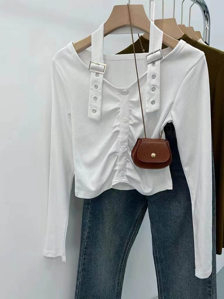 2024 Spring New Hong Kong Style Hot Girl Casual Slim Short Design Niche Halter Neck Long Sleeve T-Shirt Top