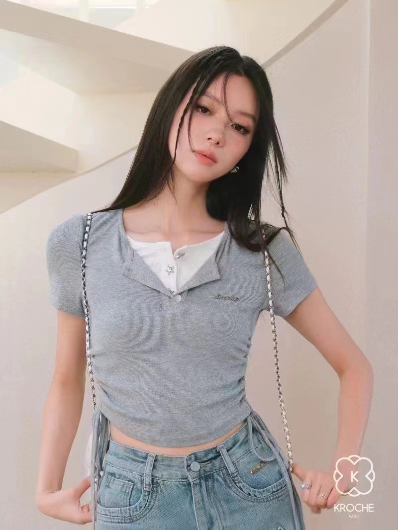 Summer new Korean style design, round neck, casual drawstring, slim fit, versatile fake two-piece
