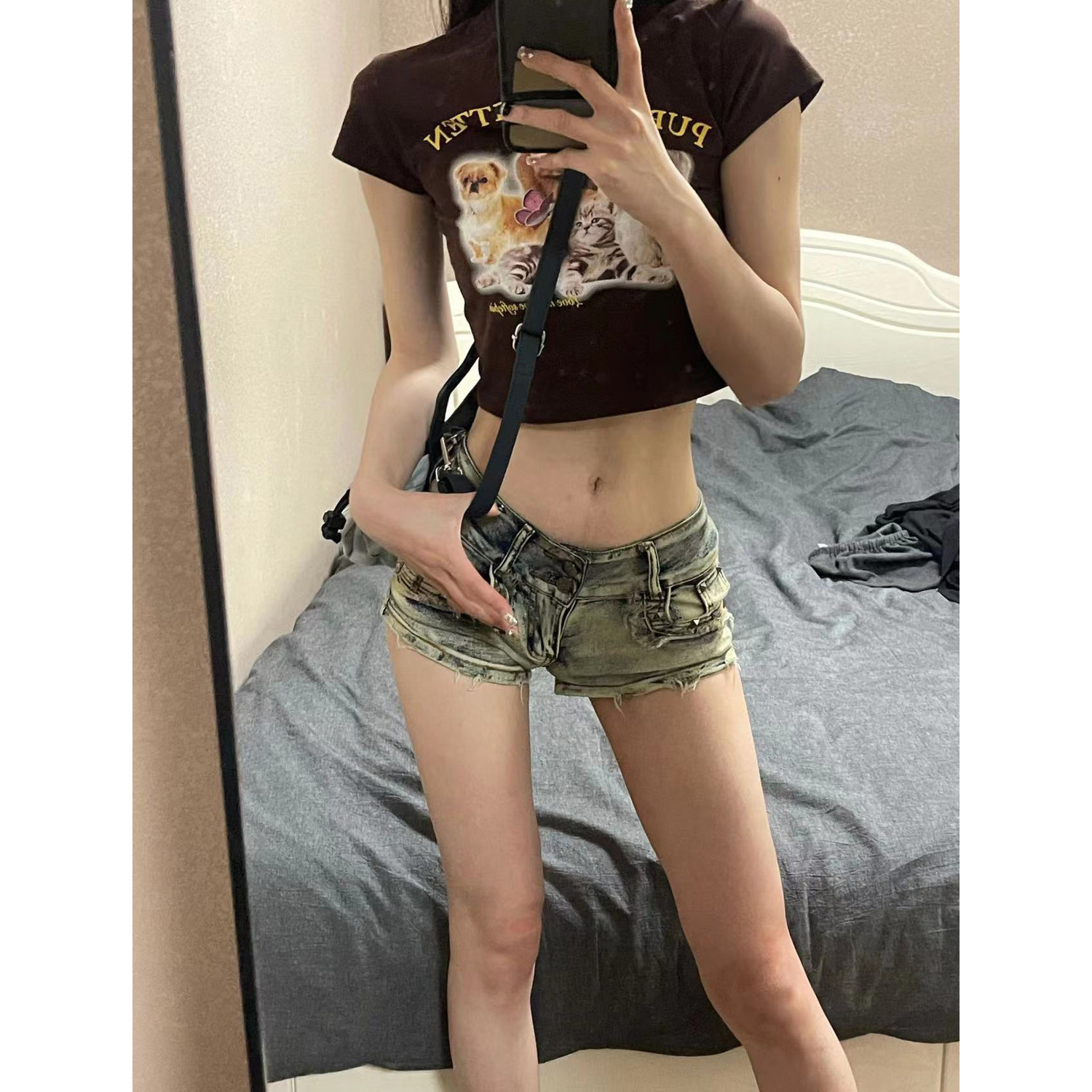美式辣妹柳丁低腰牛仔超短褲女春夏新款修身顯瘦包臀闊腿熱褲子潮